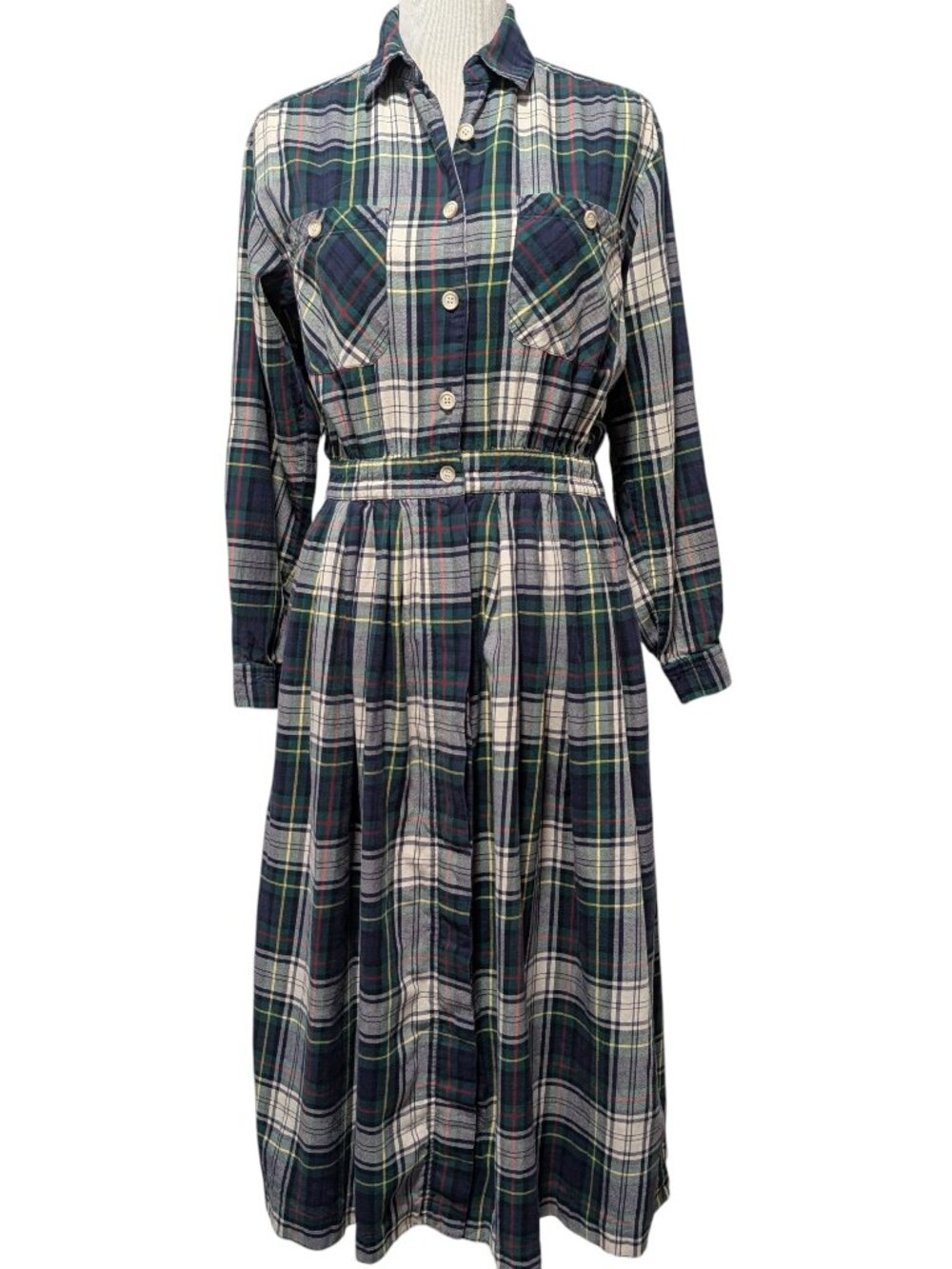 Talbots Vintage Womens Size 6 Green Plaid Flannel Cottagecore Pockets Dress Flaw